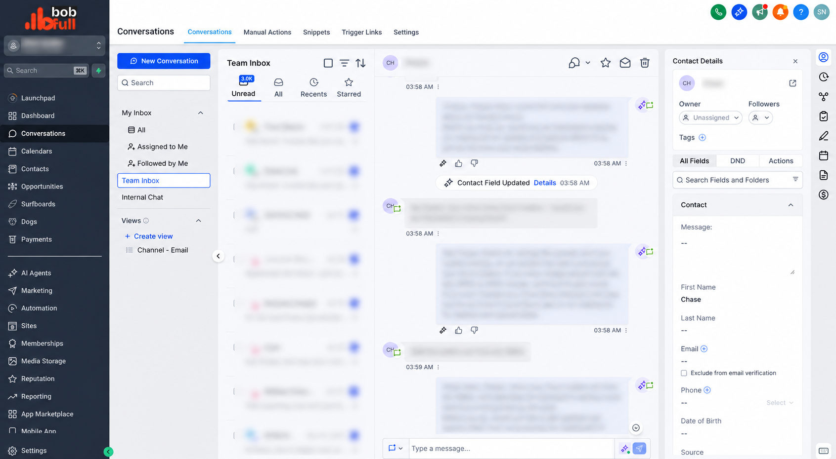 Tela real do BobFull com caixa de entrada compartilhada e histórico de conversas
