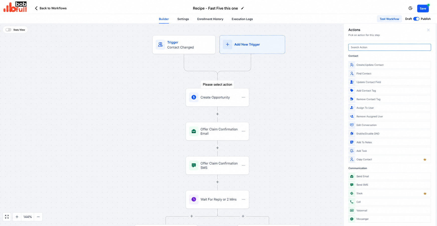Tela real do construtor visual de automações e workflows do BobFull